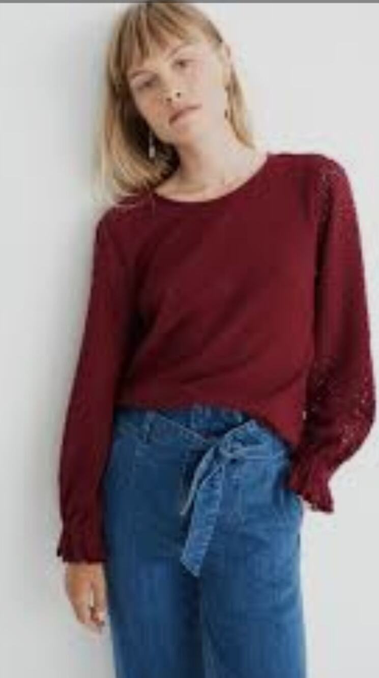 Madewell Texture & Thread Eyelet Mix Ruffle Sleeve Top Burgundy Sz Large Cotton